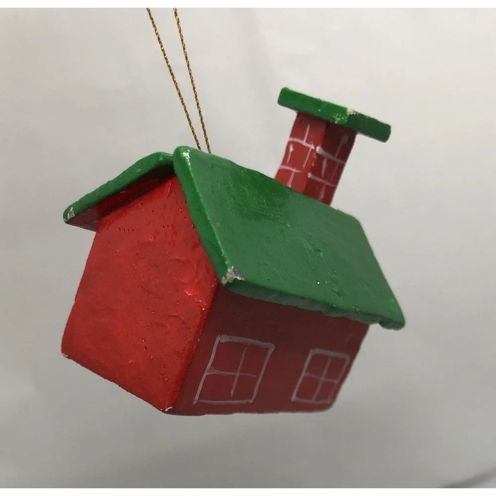 Vintage Wooden Hand Painted Schoolhouse Christmas‎ Ornament 2.5